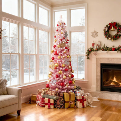 6 FTSnow-flocked Artificial Pink Christmas Tree Pre-lit Hinged Xmas Tree for Holiday Decoration