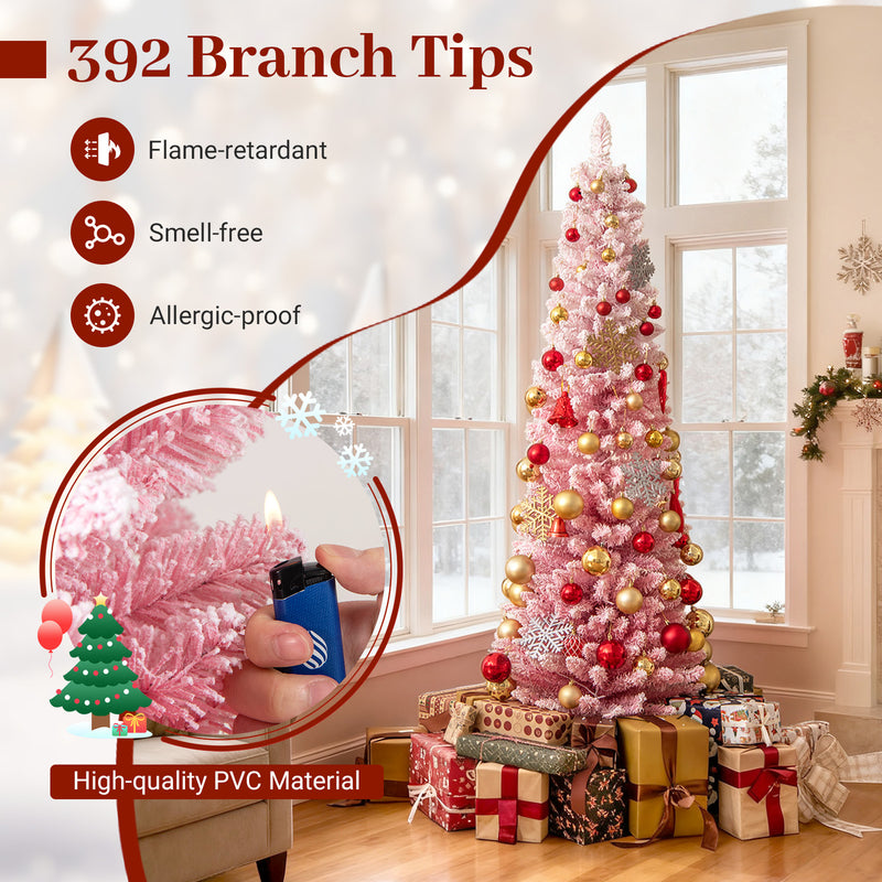 6 FTSnow-flocked Artificial Pink Christmas Tree Pre-lit Hinged Xmas Tree for Holiday Decoration