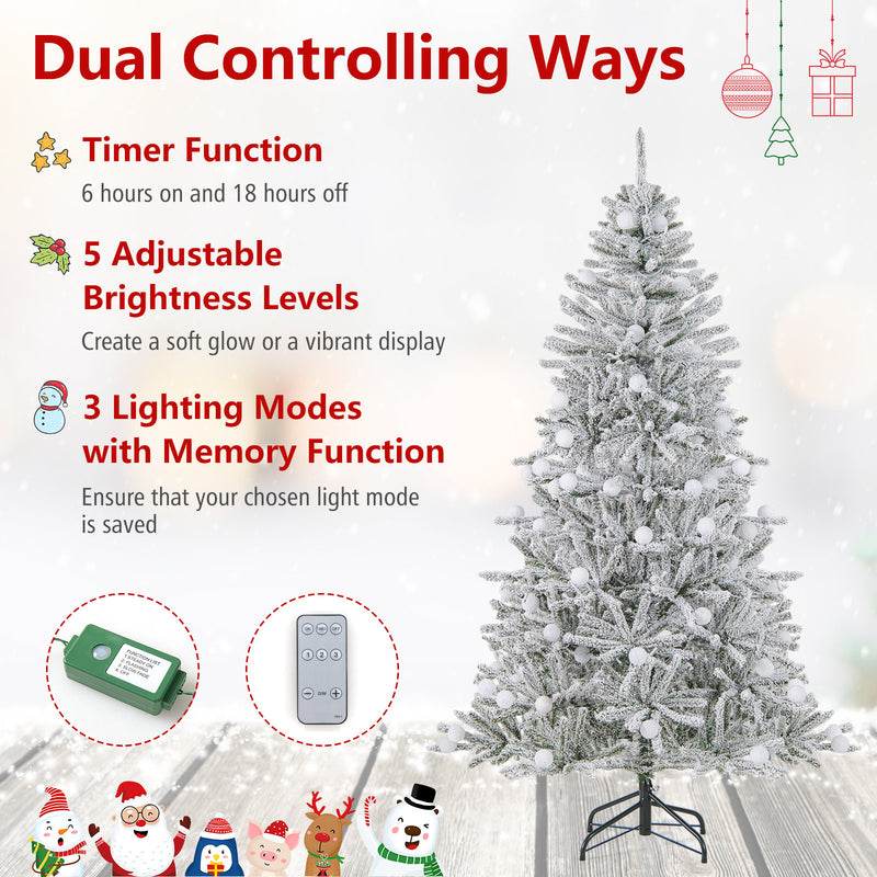 6 Feet Snow-flocked Artificial Christmas Tree Pre-lit Hinged with 81 Sphere Lights and Remote