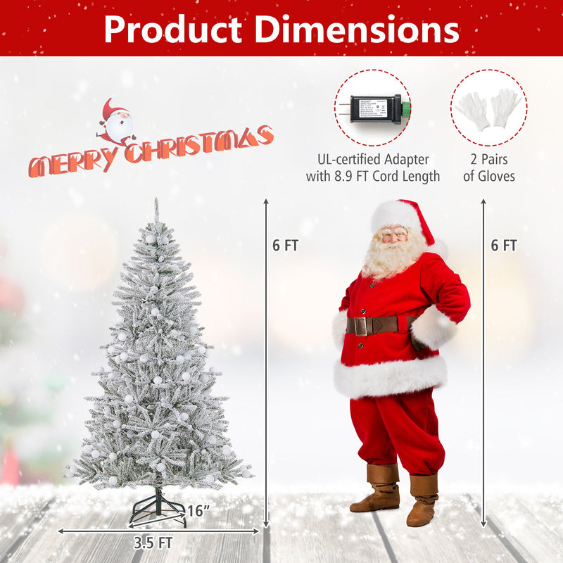6 Feet Snow-flocked Artificial Christmas Tree Pre-lit Hinged with 81 Sphere Lights and Remote