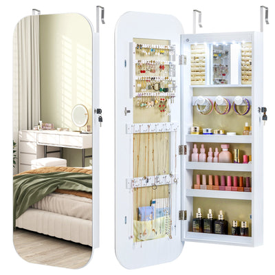 6 LEDs Mirror Jewelry Cabinet Wall or Door Mounted Lockable Jewelry Organizer-White