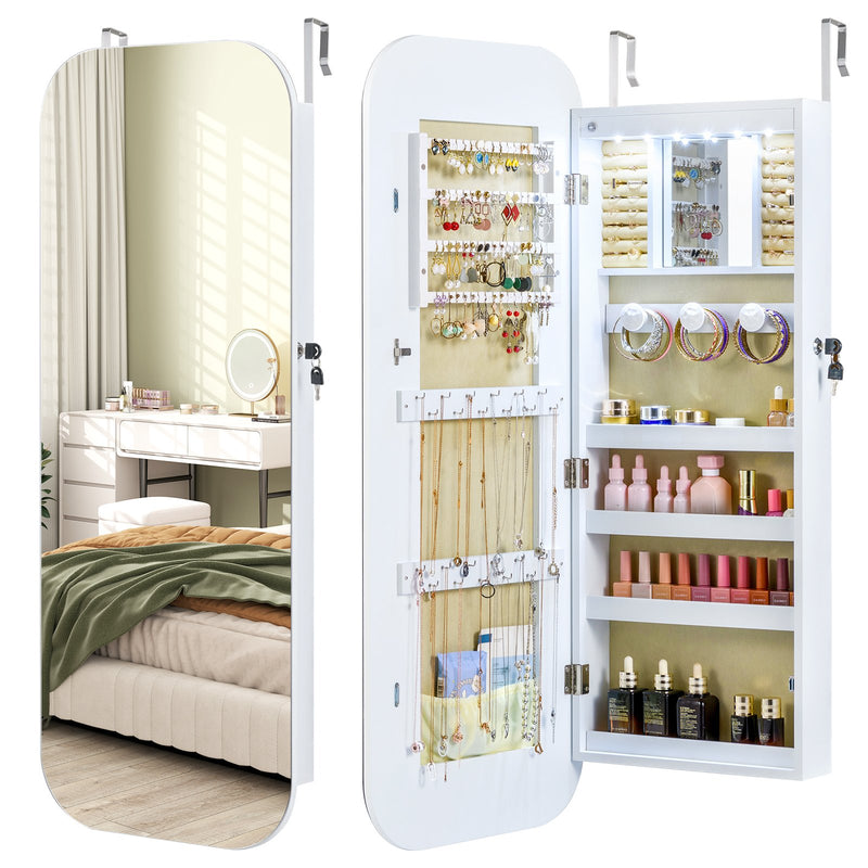 6 LEDs Mirror Jewelry Cabinet Wall or Door Mounted Lockable Jewelry Organizer-White