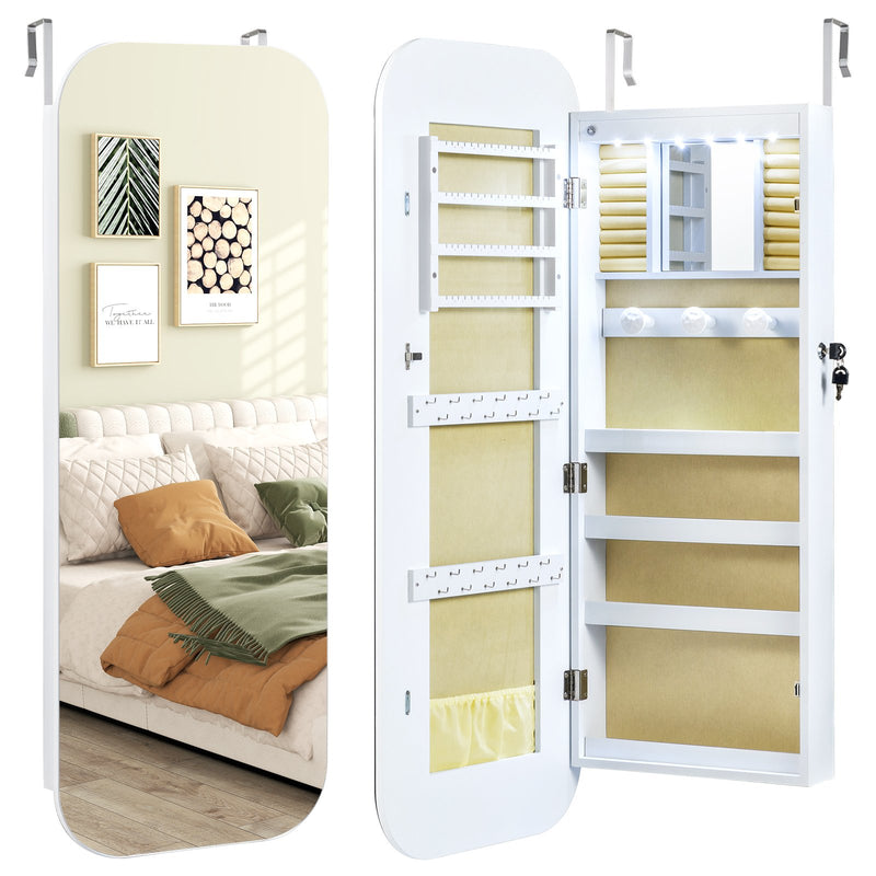 6 LEDs Mirror Jewelry Cabinet Wall or Door Mounted Lockable Jewelry Organizer-White
