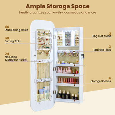 6 LEDs Mirror Jewelry Cabinet Wall or Door Mounted Lockable Jewelry Organizer-White