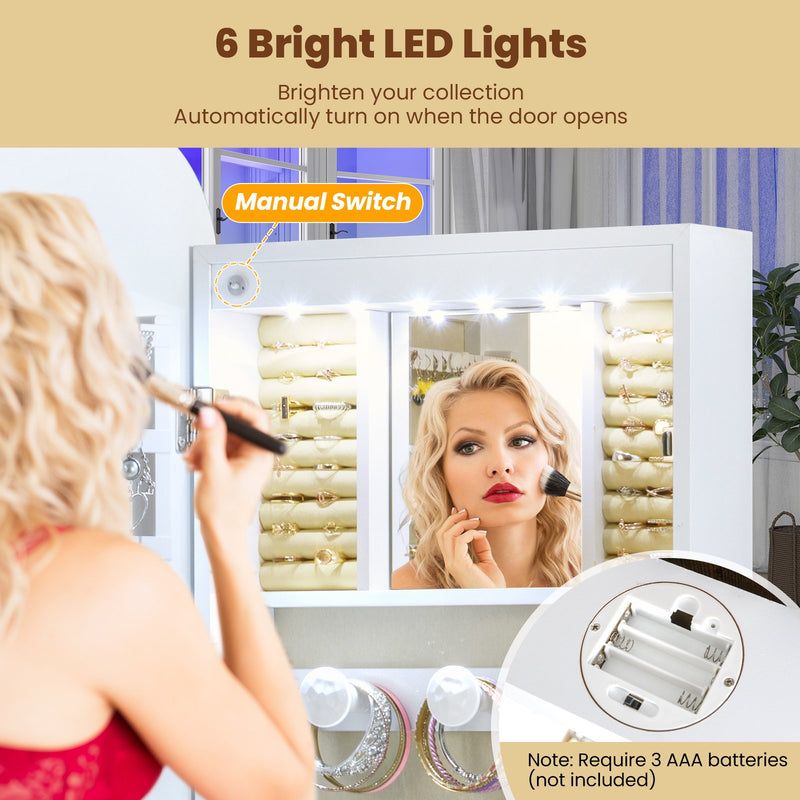 6 LEDs Mirror Jewelry Cabinet Wall or Door Mounted Lockable Jewelry Organizer-White