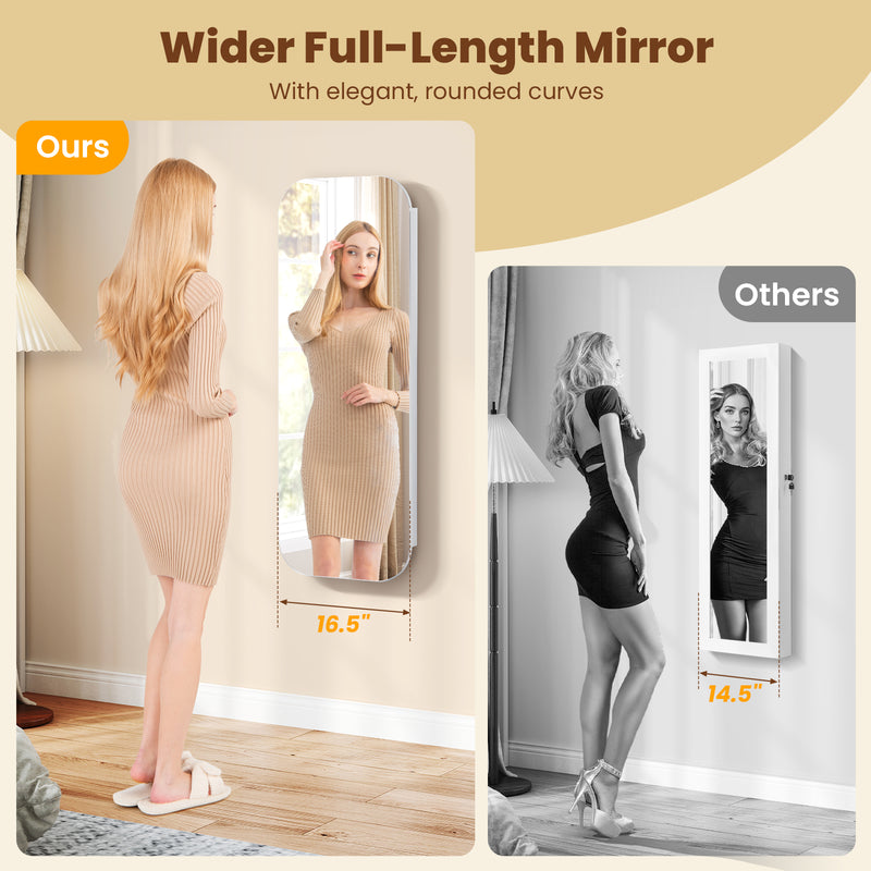 6 LEDs Mirror Jewelry Cabinet Wall or Door Mounted Lockable Jewelry Organizer-White