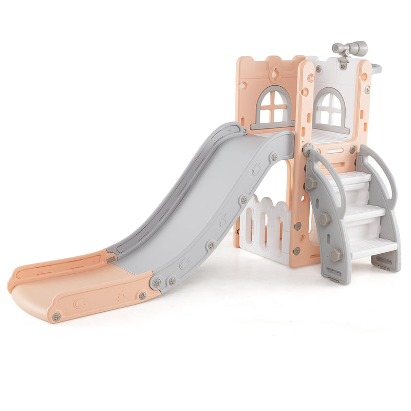6-in-1 Toddler Slide L-shaped Playground with Basketball Hoop and Ladder-Pink