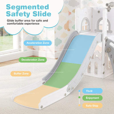 6-in-1 Toddler Slide L-shaped Playground with Basketball Hoop and Ladder-Gray