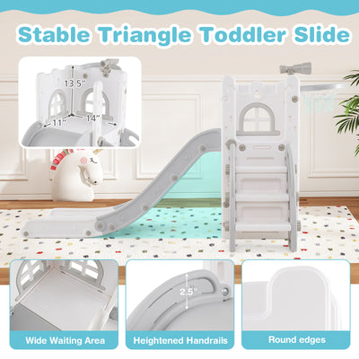 6-in-1 Toddler Slide L-shaped Playground with Basketball Hoop and Ladder-Gray