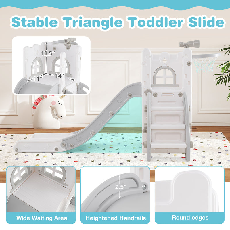 6-in-1 Toddler Slide L-shaped Playground with Basketball Hoop and Ladder-Gray