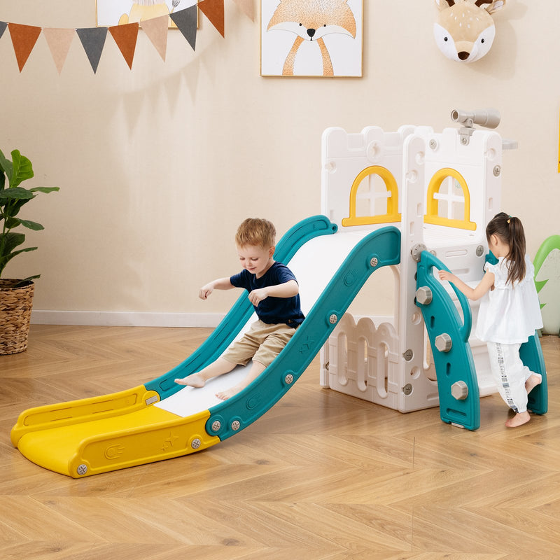 6-in-1 Toddler Slide L-shaped Playground with Basketball Hoop and Ladder-Yellow