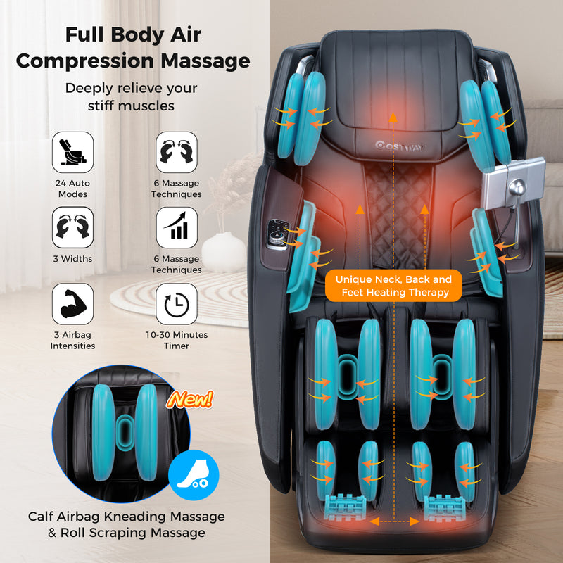 Mega Sale-Costway-4D SL-Track Full Body Massage Chair w/ Zero-Gravity Design, Heated Shawl, Neck & Back & Feet Heater, Calf & Foot Rollers,Magic Calf Rollers, Voice Control, Yoga Stretching, Smart Body Scanning, Touch Screen, Blue-tooth Speaker