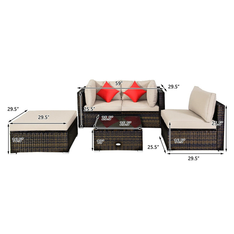 5 Pieces Outdoor Patio Rattan Furniture Set Sectional Conversation with Cushions-Beige