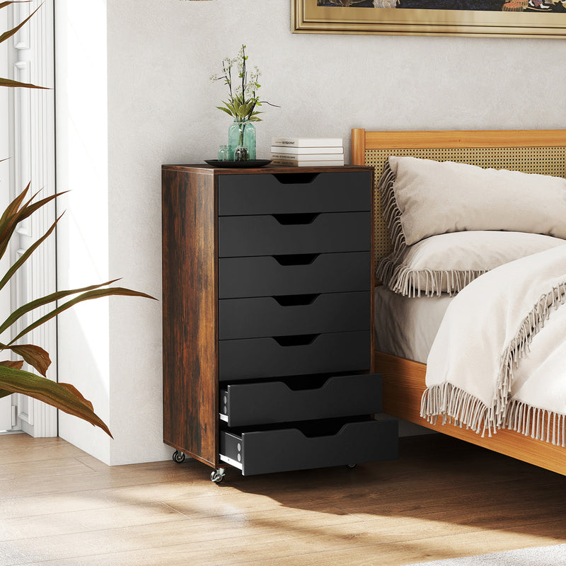 7-Drawer Chest Wooden Storage Dresser with Lockable Wheels-Rustic Brown
