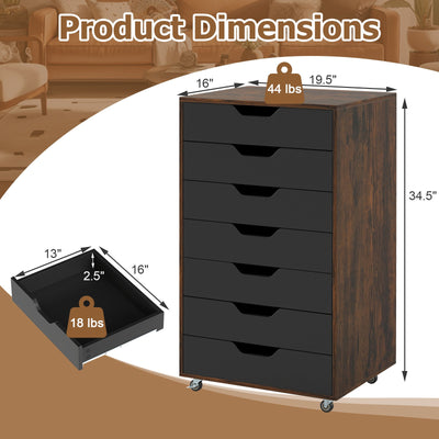 7-Drawer Chest Wooden Storage Dresser with Lockable Wheels-Rustic Brown