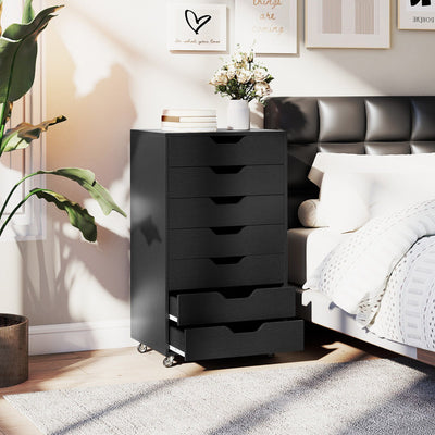 7-Drawer Chest Wooden Storage Dresser with Lockable Wheels-Black