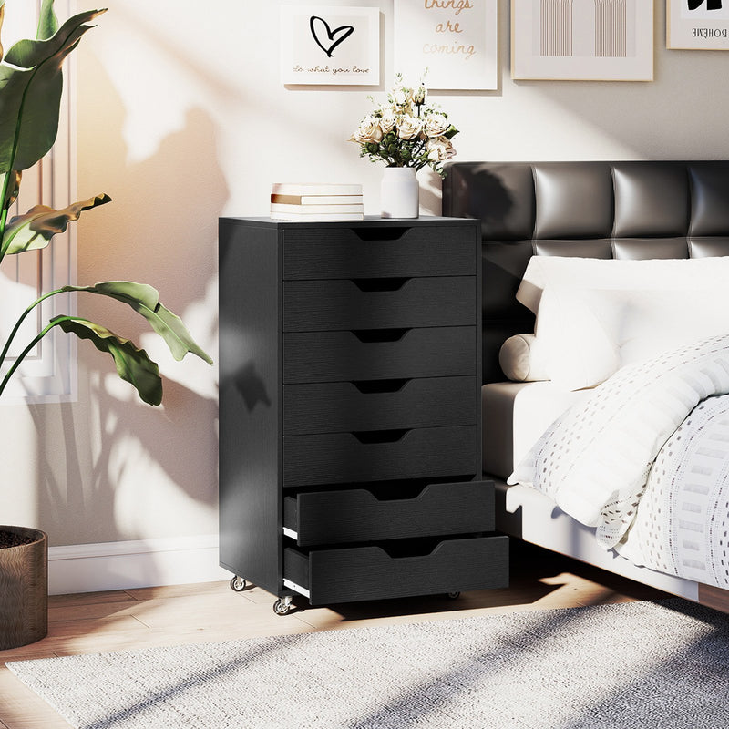 7-Drawer Chest Wooden Storage Dresser with Lockable Wheels-Black