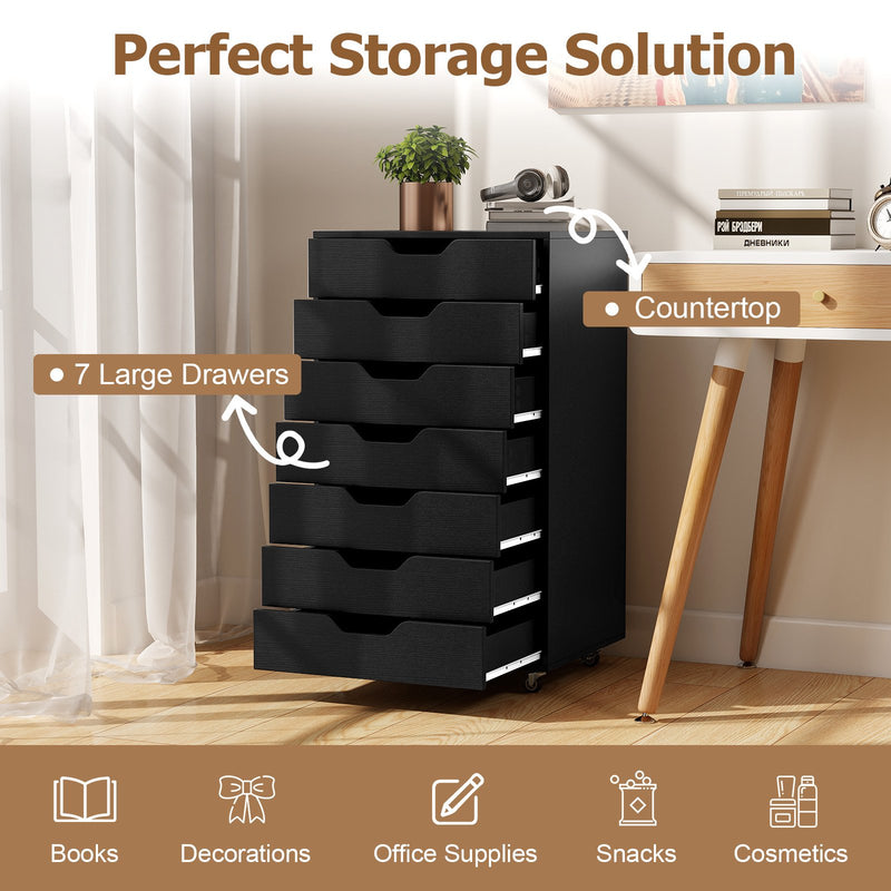 7-Drawer Chest Wooden Storage Dresser with Lockable Wheels-Black