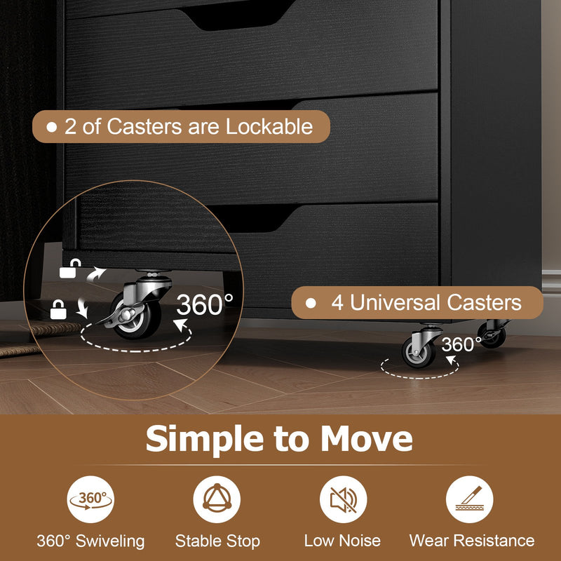 7-Drawer Chest Wooden Storage Dresser with Lockable Wheels-Black