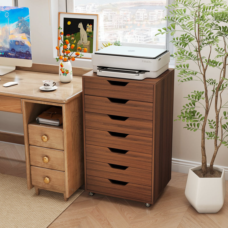 7-Drawer Chest Wooden Storage Dresser with Lockable Wheels-Walnut