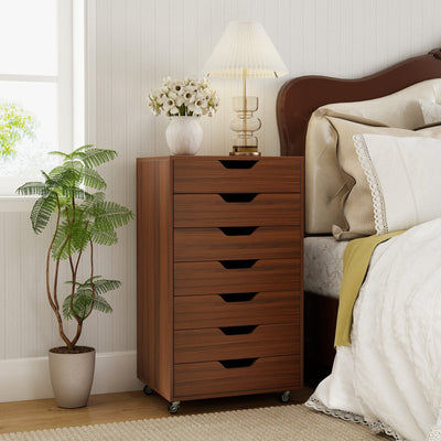 7-Drawer Chest Wooden Storage Dresser with Lockable Wheels-Walnut