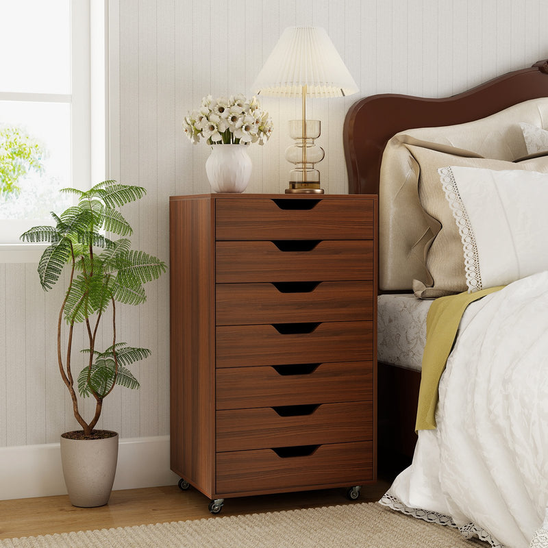 7-Drawer Chest Wooden Storage Dresser with Lockable Wheels-Walnut