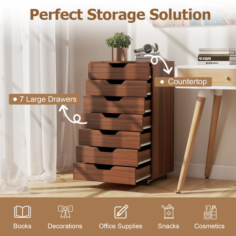 7-Drawer Chest Wooden Storage Dresser with Lockable Wheels-Walnut