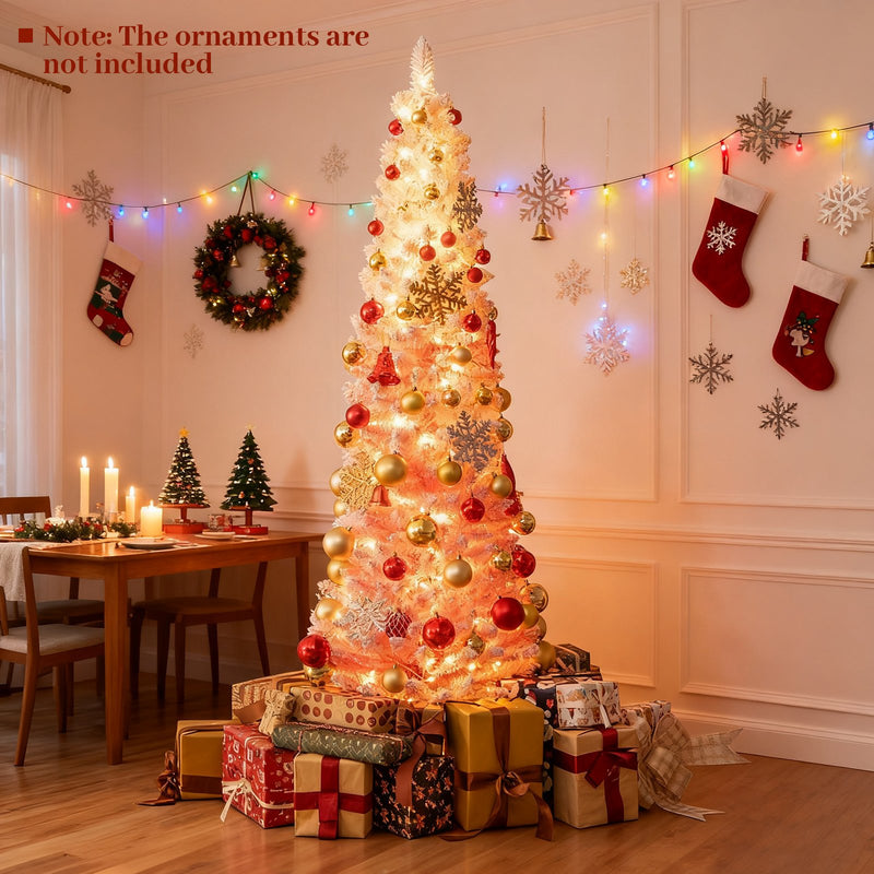 7 FTSnow-flocked Artificial Pink Christmas Tree Pre-lit Hinged Xmas Tree for Holiday Decoration