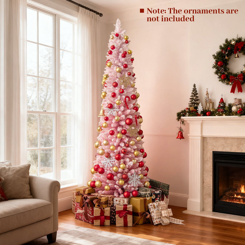 7 FTSnow-flocked Artificial Pink Christmas Tree Pre-lit Hinged Xmas Tree for Holiday Decoration