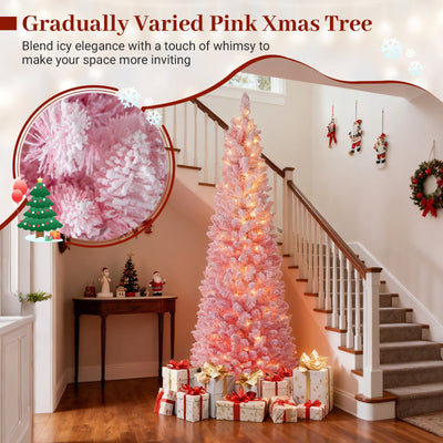 7 FTSnow-flocked Artificial Pink Christmas Tree Pre-lit Hinged Xmas Tree for Holiday Decoration