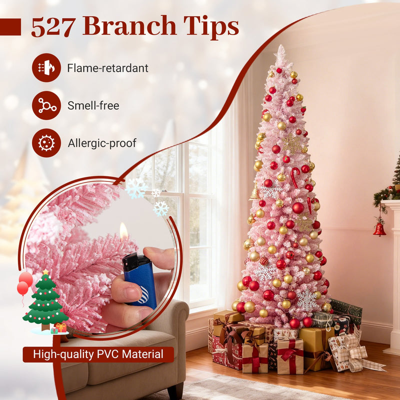 7 FTSnow-flocked Artificial Pink Christmas Tree Pre-lit Hinged Xmas Tree for Holiday Decoration
