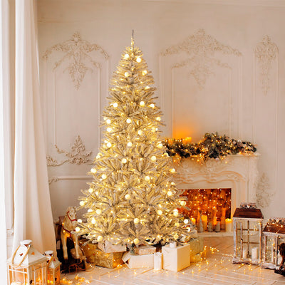7 Feet Snow-flocked Artificial Christmas Tree Pre-lit Hinged with 81 Sphere Lights and Remote