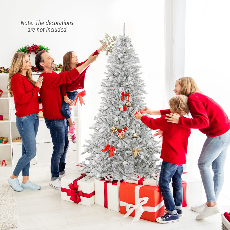 7 Feet Snow-flocked Artificial Christmas Tree Pre-lit Hinged with 81 Sphere Lights and Remote