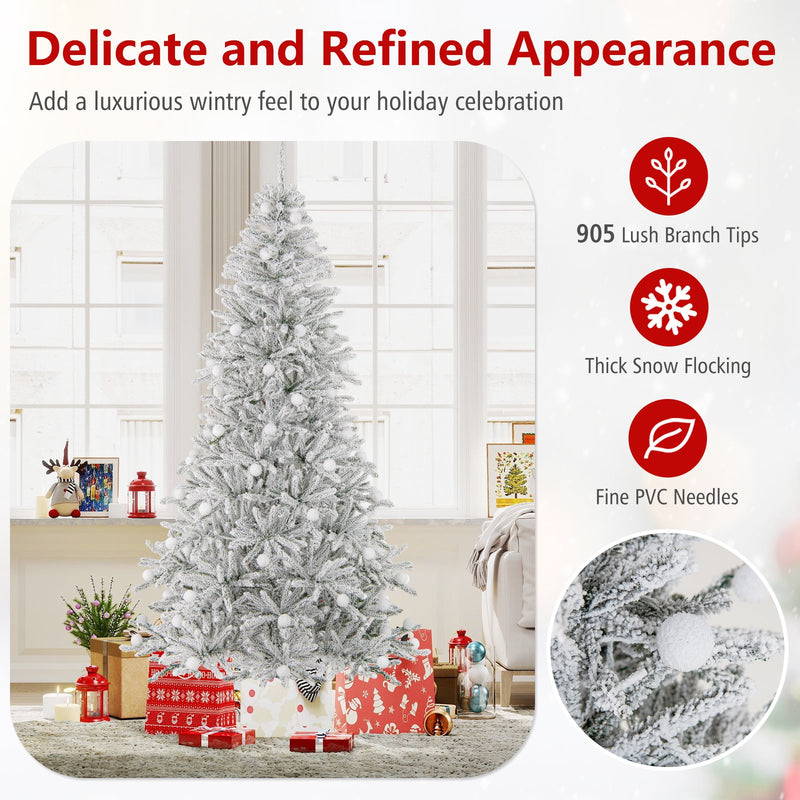7 Feet Snow-flocked Artificial Christmas Tree Pre-lit Hinged with 81 Sphere Lights and Remote