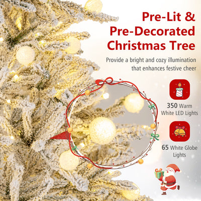 7 Feet Snow-flocked Artificial Christmas Tree Pre-lit Hinged with 81 Sphere Lights and Remote