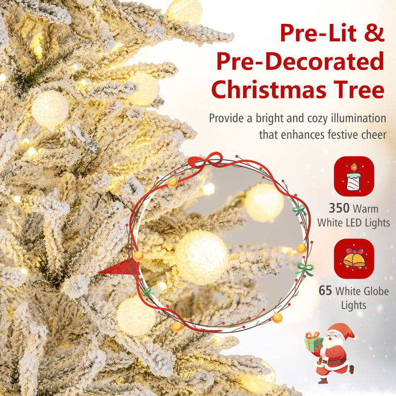 7 Feet Snow-flocked Artificial Christmas Tree Pre-lit Hinged with 81 Sphere Lights and Remote