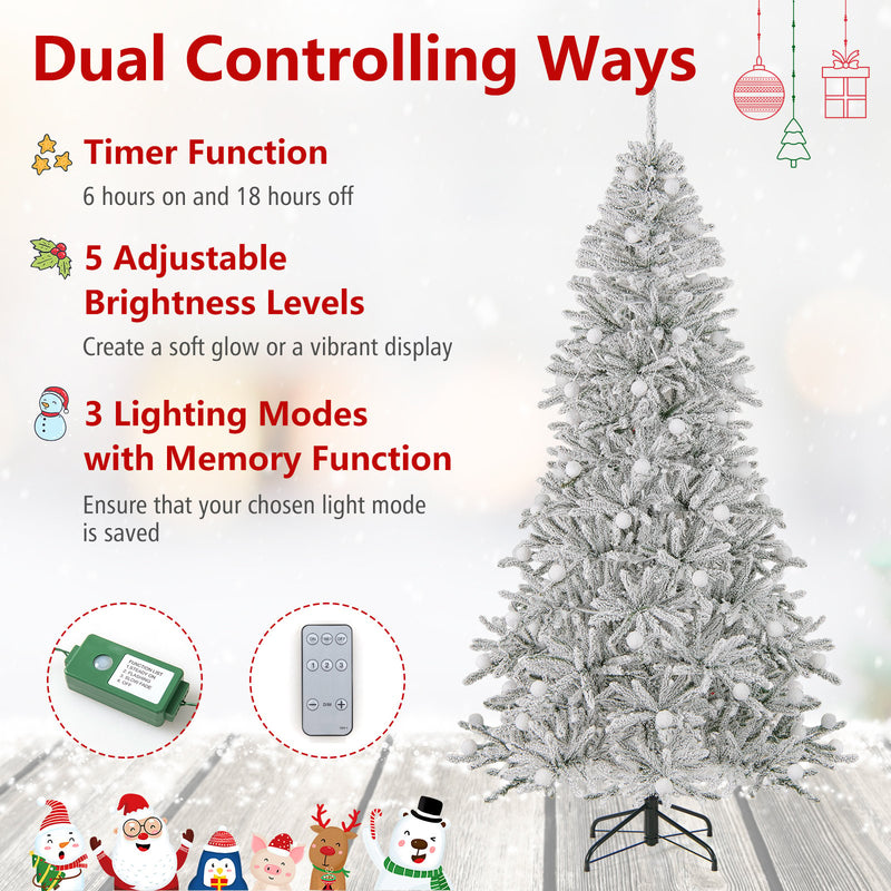 7 Feet Snow-flocked Artificial Christmas Tree Pre-lit Hinged with 81 Sphere Lights and Remote
