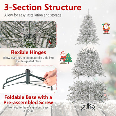 7 Feet Snow-flocked Artificial Christmas Tree Pre-lit Hinged with 81 Sphere Lights and Remote