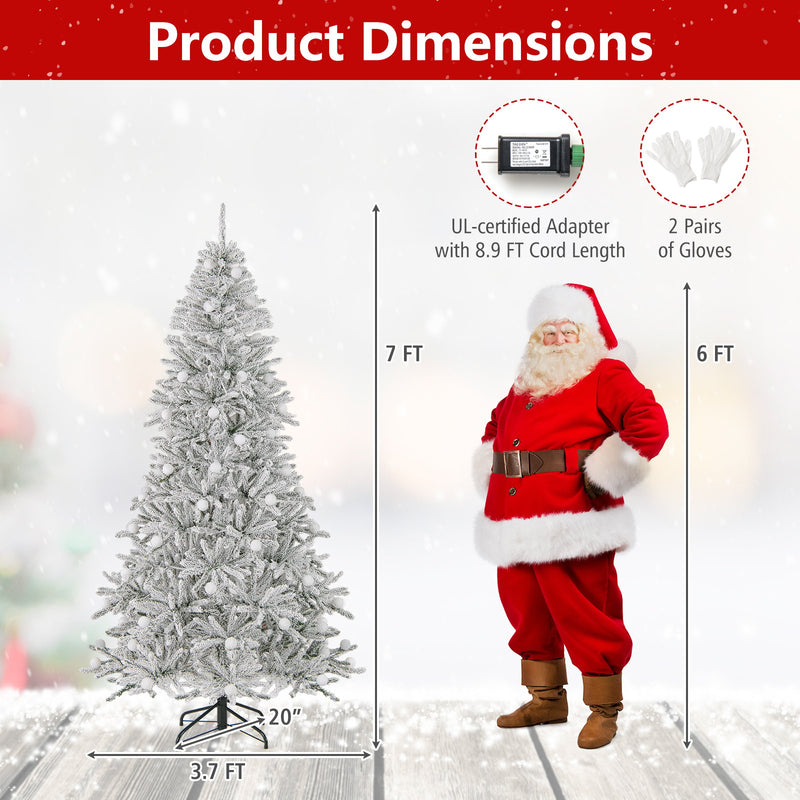 7 Feet Snow-flocked Artificial Christmas Tree Pre-lit Hinged with 81 Sphere Lights and Remote
