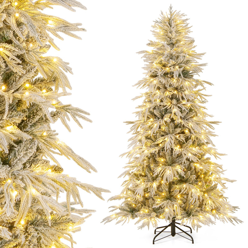 7 Feet Snow-flocked Artificial Christmas Tree Pre-lit Hinged Xmas Tree with Warm White LED Lights