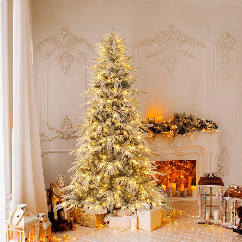 7 Feet Snow-flocked Artificial Christmas Tree Pre-lit Hinged Xmas Tree with Warm White LED Lights