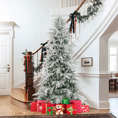 7 Feet Snow-flocked Artificial Christmas Tree Pre-lit Hinged Xmas Tree with Warm White LED Lights
