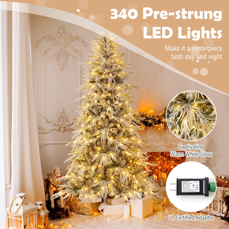 7 Feet Snow-flocked Artificial Christmas Tree Pre-lit Hinged Xmas Tree with Warm White LED Lights