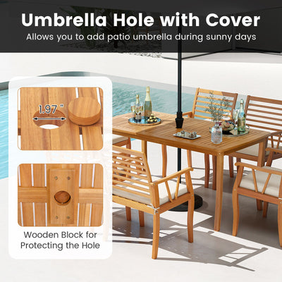 7 Pieces Acacia Wood Patio Dining Set with 1.97 Inch Umbrella Hole and Padded Cushions