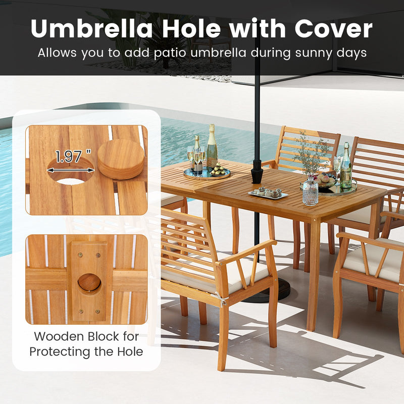 7 Pieces Acacia Wood Patio Dining Set with 1.97 Inch Umbrella Hole and Padded Cushions