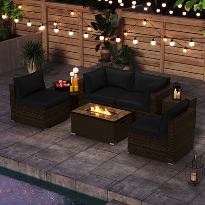 7 Pieces Outdoor Furniture Set with 32 Inch Fire Pit Table and Propane Tank Cover-Black