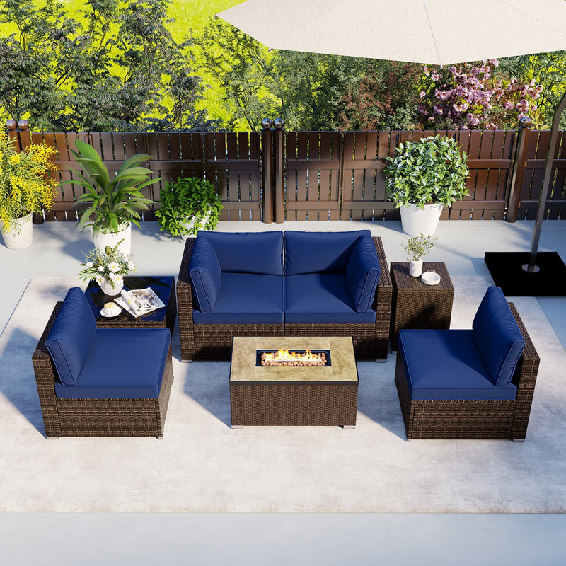 7 Pieces Outdoor Furniture Set with 32 Inch Fire Pit Table and Propane Tank Cover-Navy