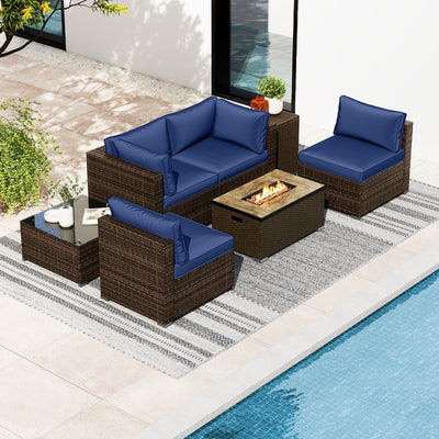 7 Pieces Outdoor Furniture Set with 32 Inch Fire Pit Table and Propane Tank Cover-Navy