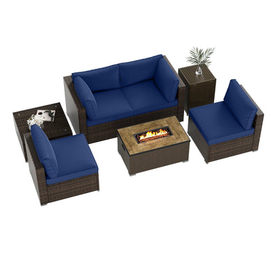 7 Pieces Outdoor Furniture Set with 32 Inch Fire Pit Table and Propane Tank Cover-Navy