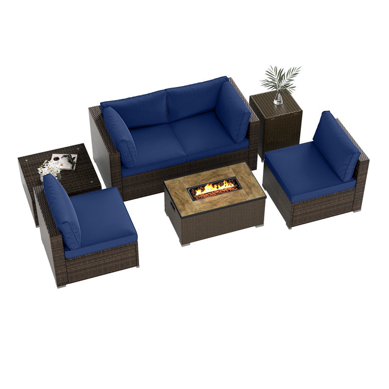 7 Pieces Outdoor Furniture Set with 32 Inch Fire Pit Table and Propane Tank Cover-Navy